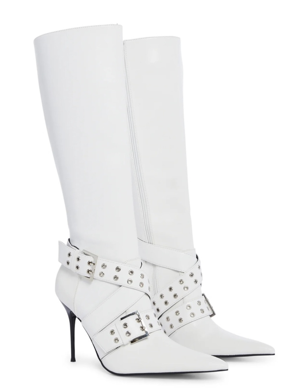 Dolls Kill White Studded Knee-High Pointed-Toe Boots